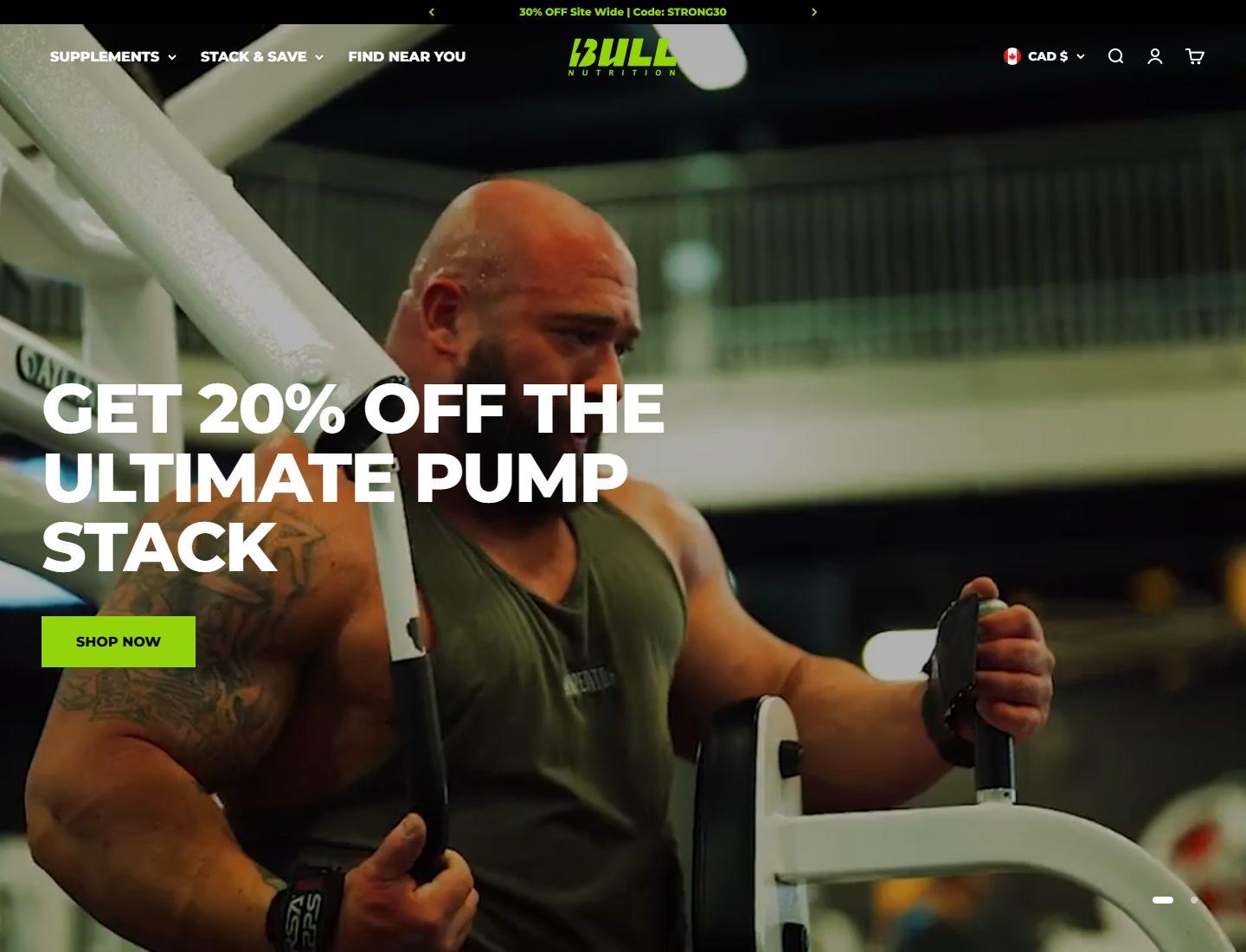 Bull Nutrition homepage with a supplement stack promotion