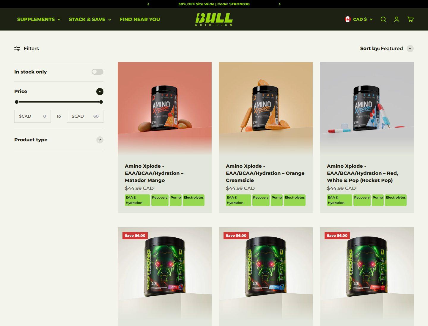 Bull Nutrition shop collection with supplement product cards