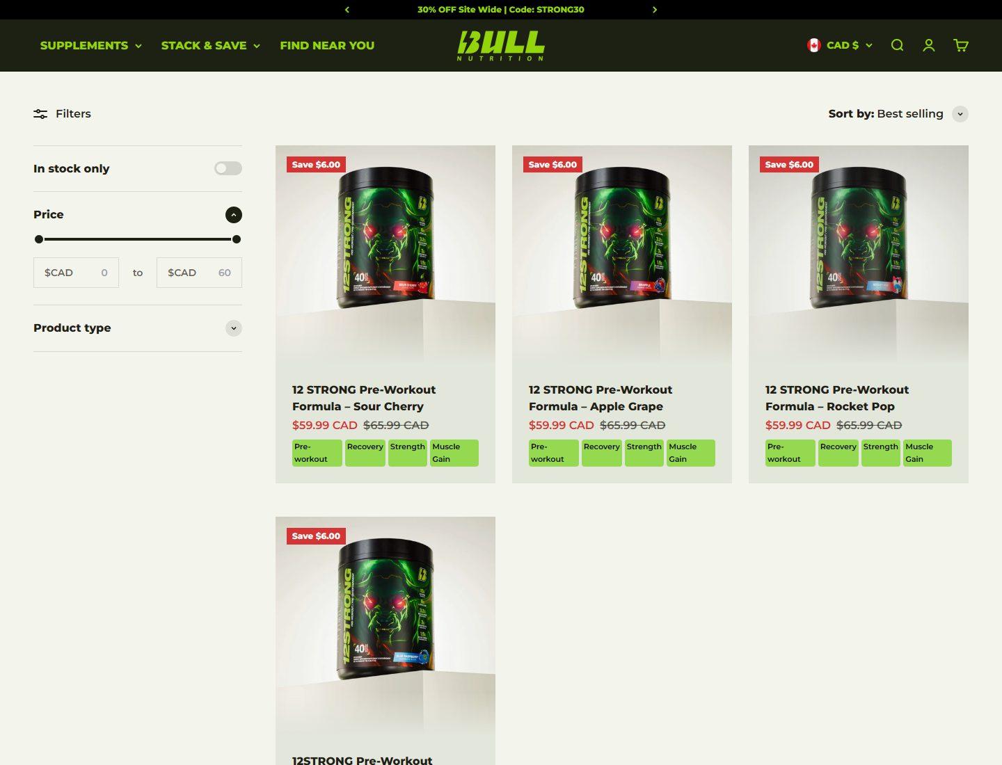 Bull Nutrition pre-workout collection page