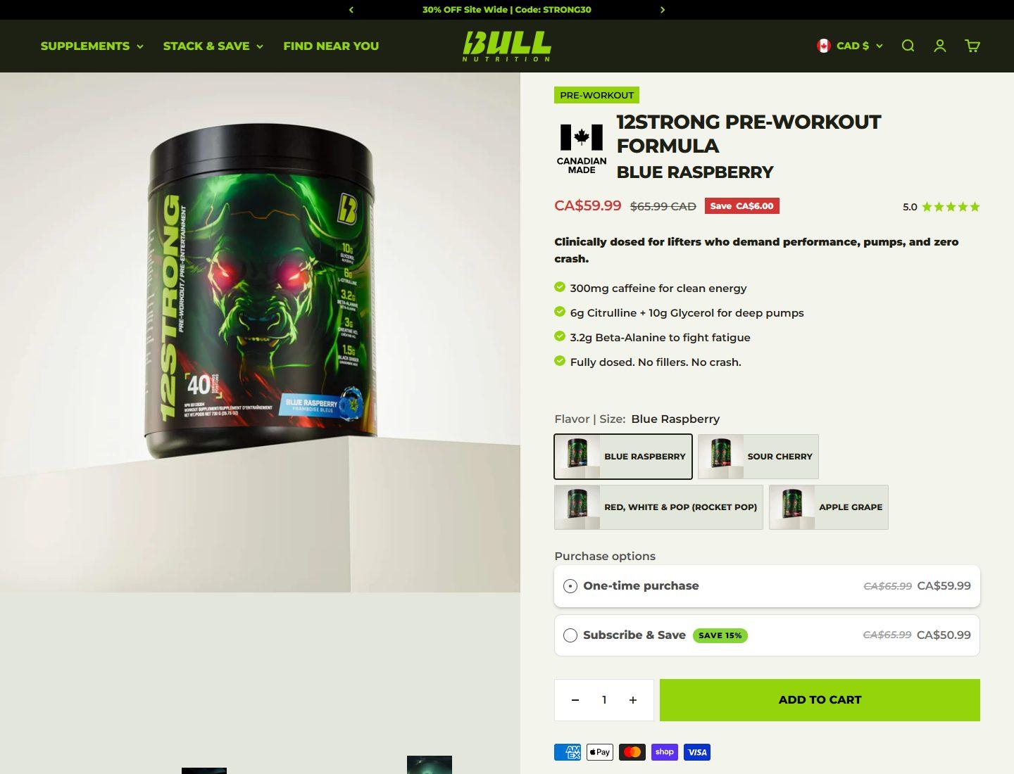 Bull Nutrition 12Strong pre-workout product page