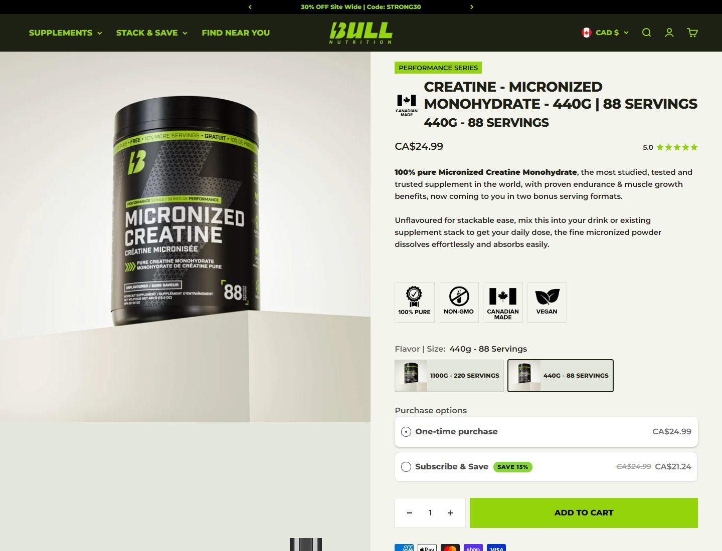Bull Nutrition creatine product page with formula details