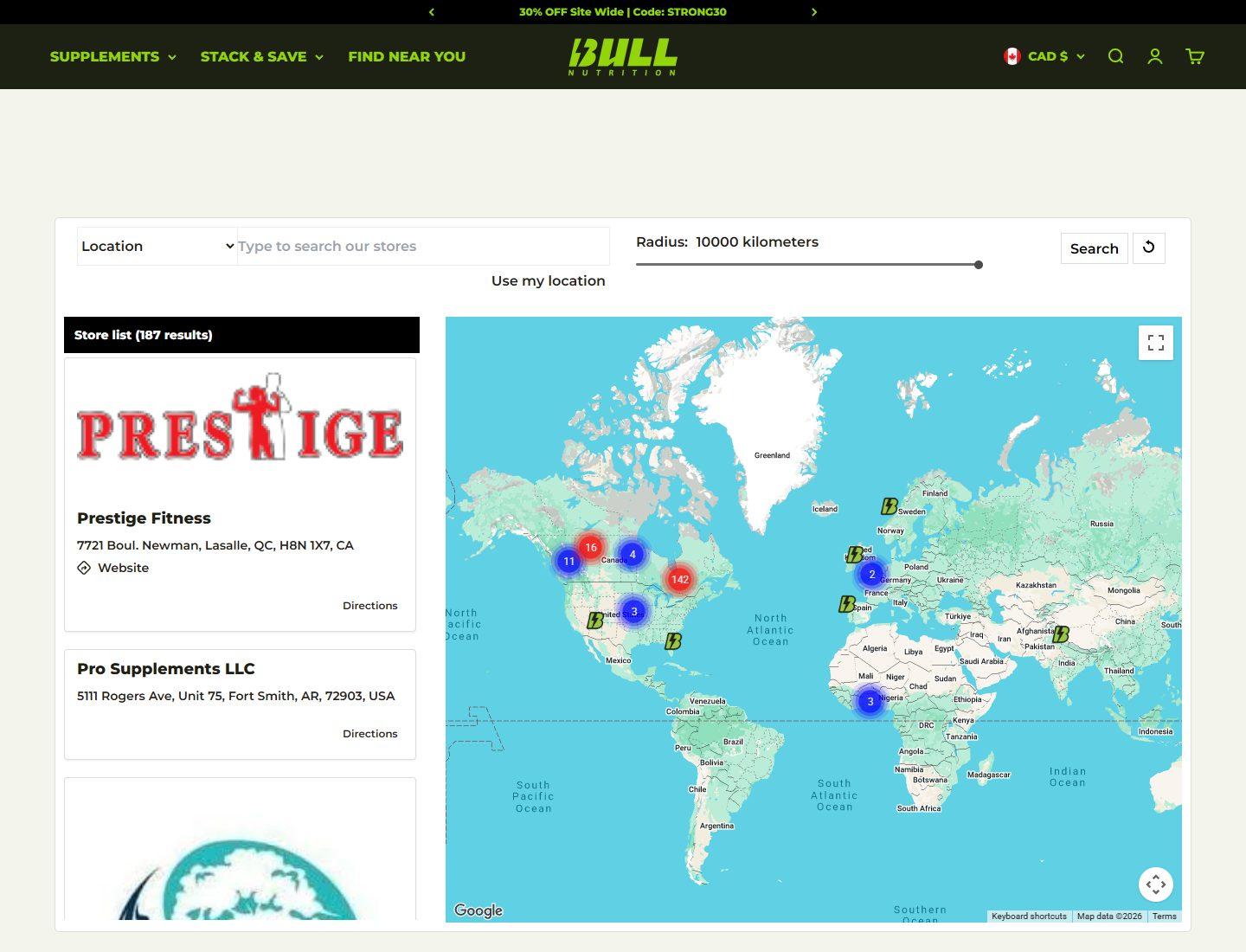 Bull Nutrition find us page with a retail location map