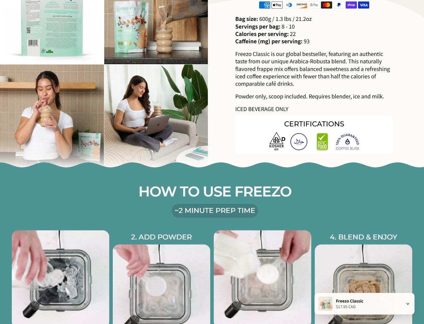 Freezo product detail section with certifications and preparation steps