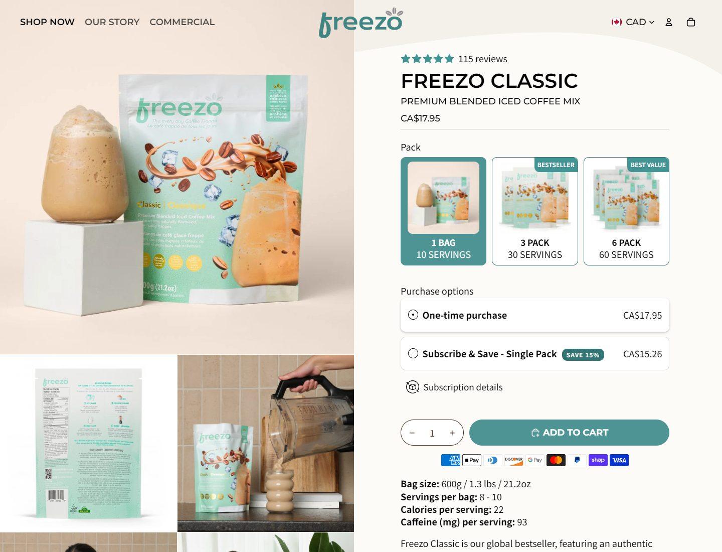 Freezo Classic product page with pack options
