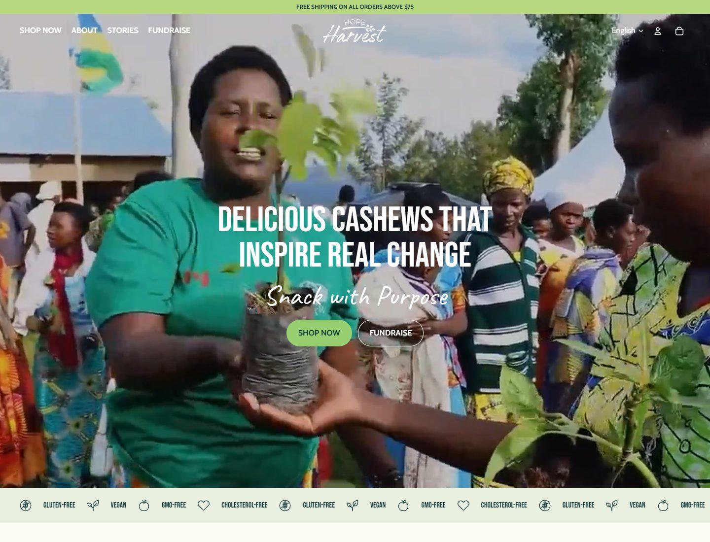 Hope Harvest homepage showing snack with purpose positioning