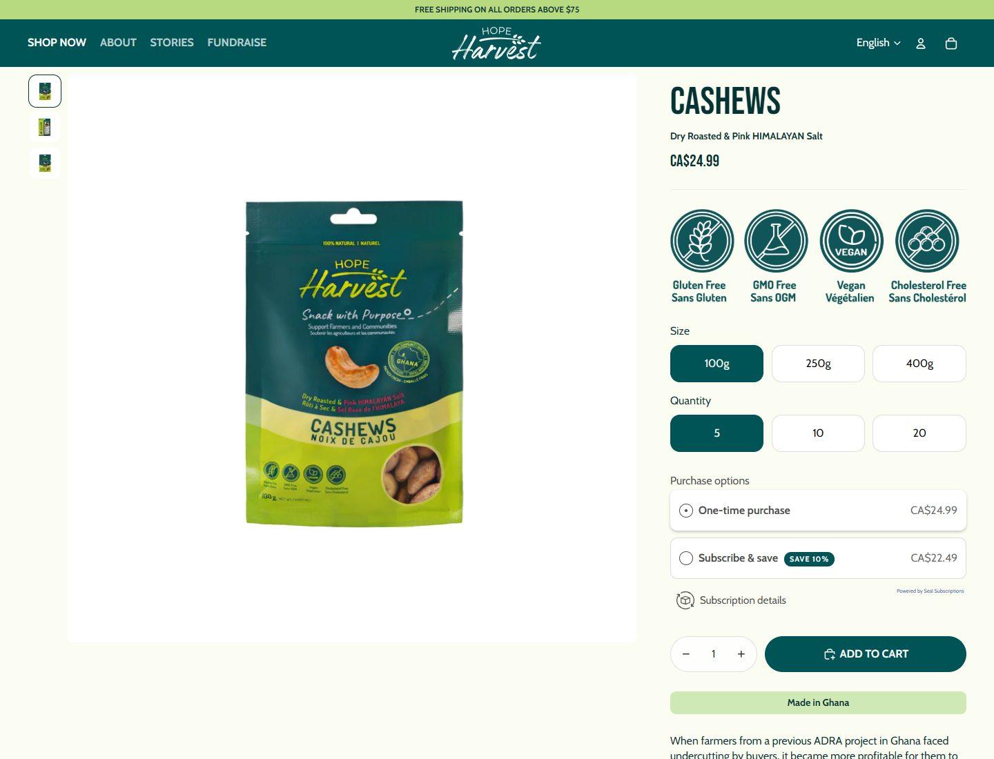Hope Harvest cashews product page
