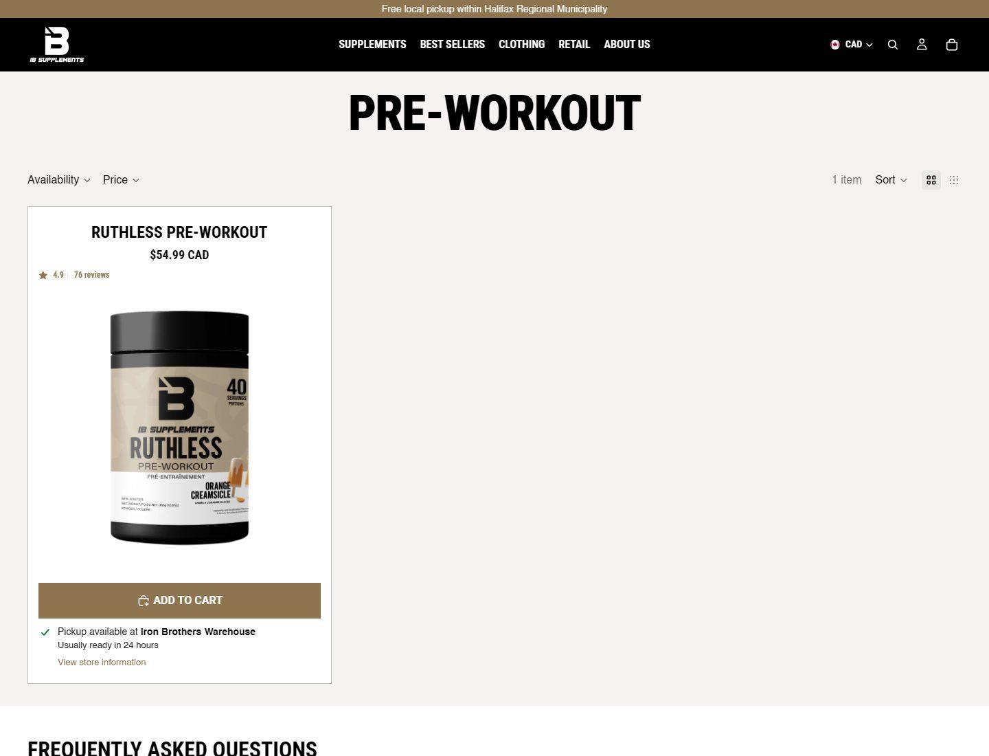 Iron Brothers pre-workout collection page with FAQ content