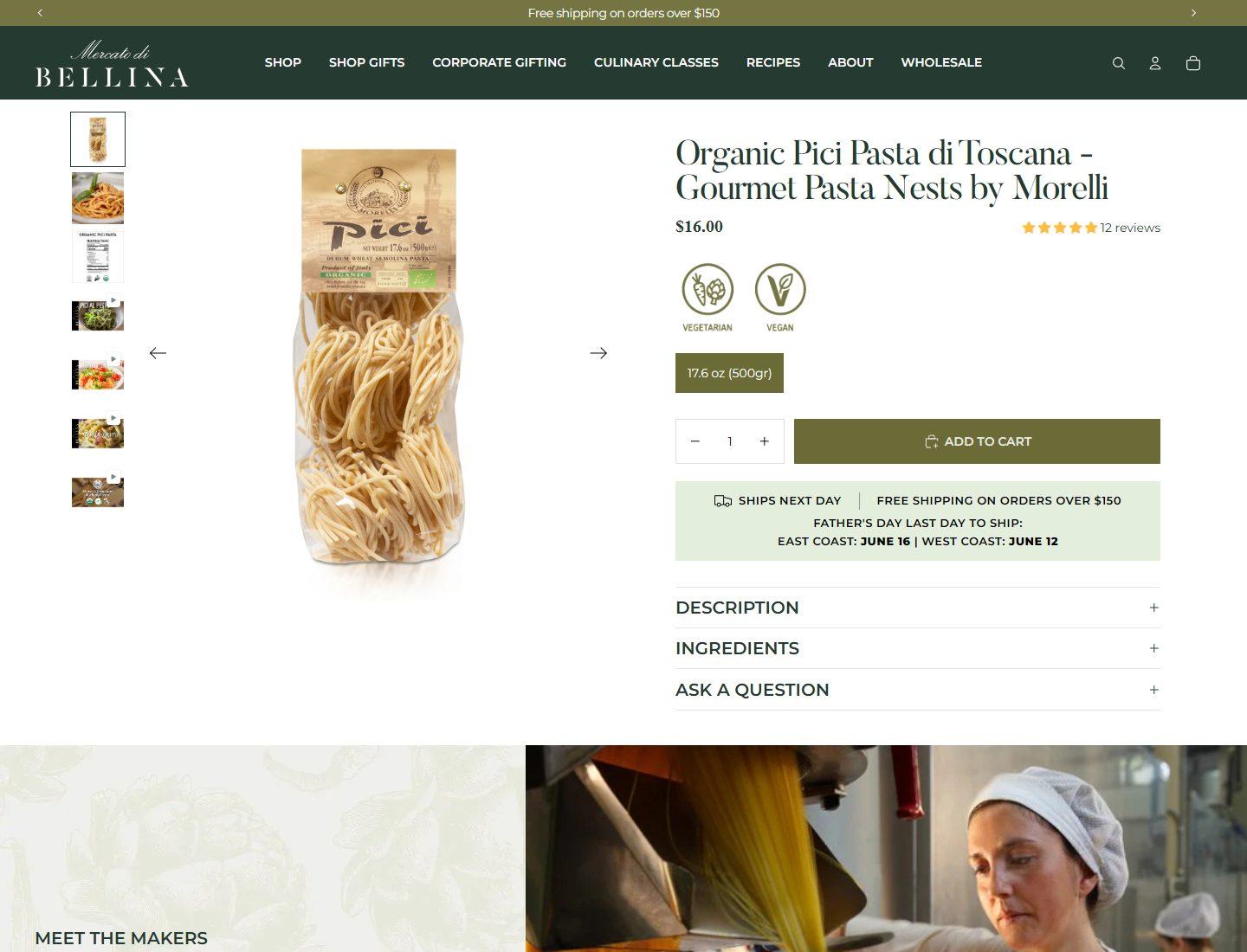 Mercato di Bellina Pici Pasta product page with product options