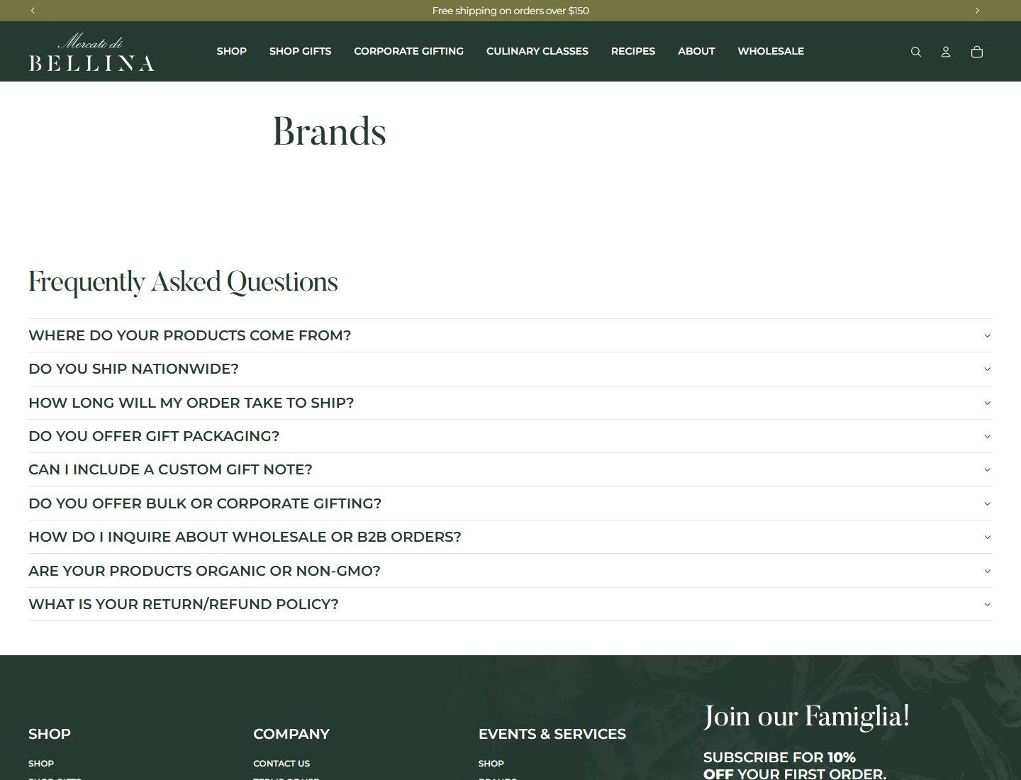 Mercato di Bellina brands page and customer support content