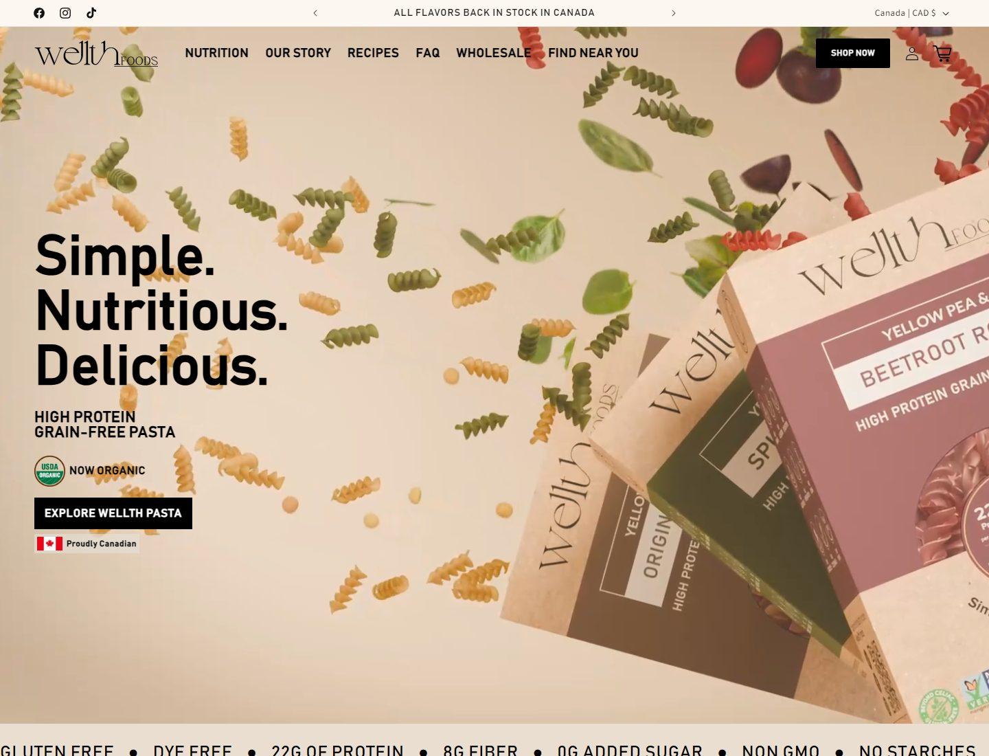 Wellth Foods homepage presenting high protein healthy pasta