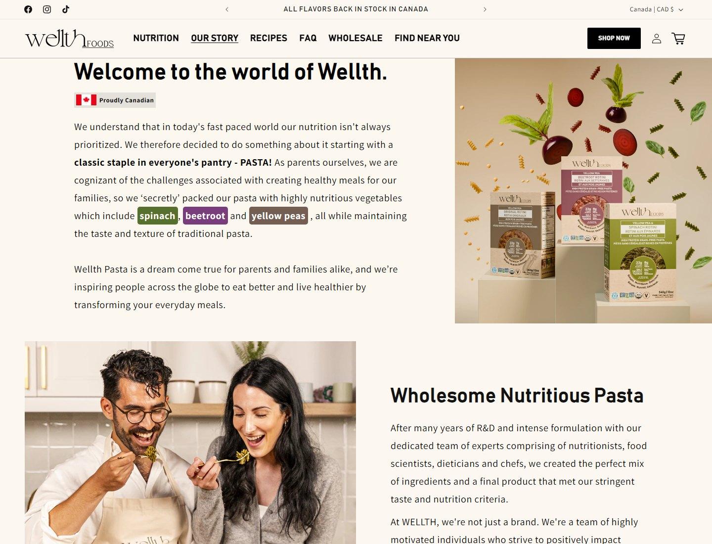 Wellth Foods story page with product positioning and lifestyle imagery