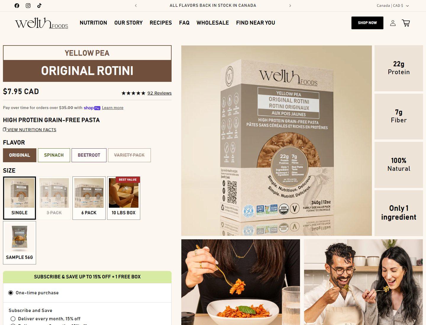 Wellth Foods yellow pea pasta product page