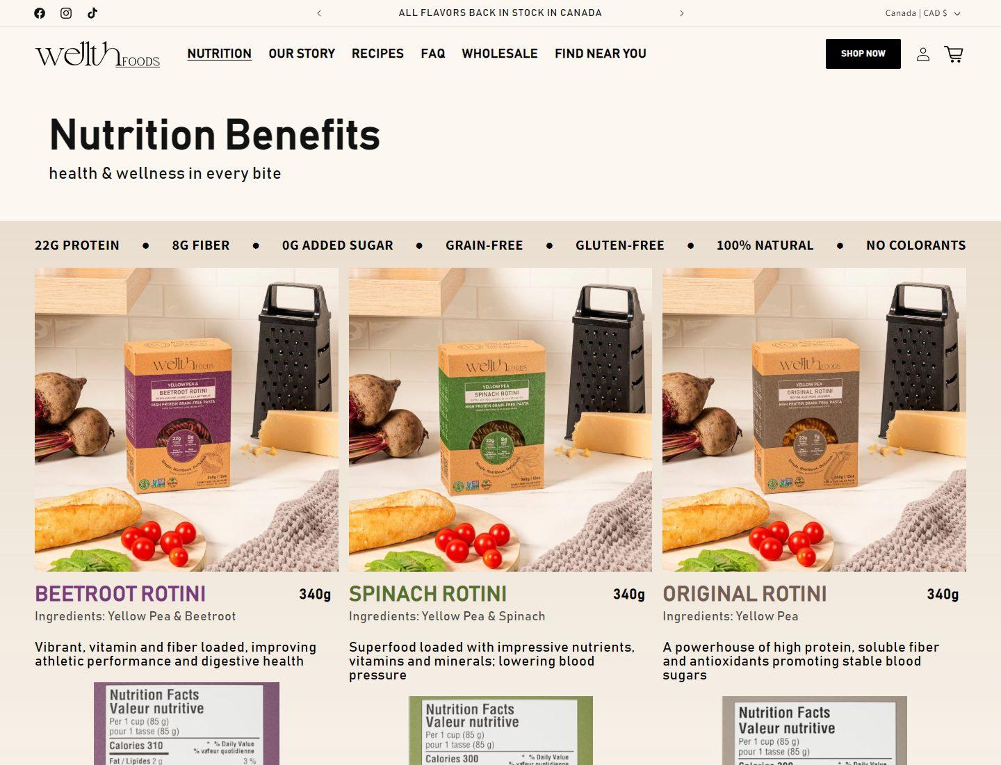 Wellth Foods nutrition page explaining product benefits