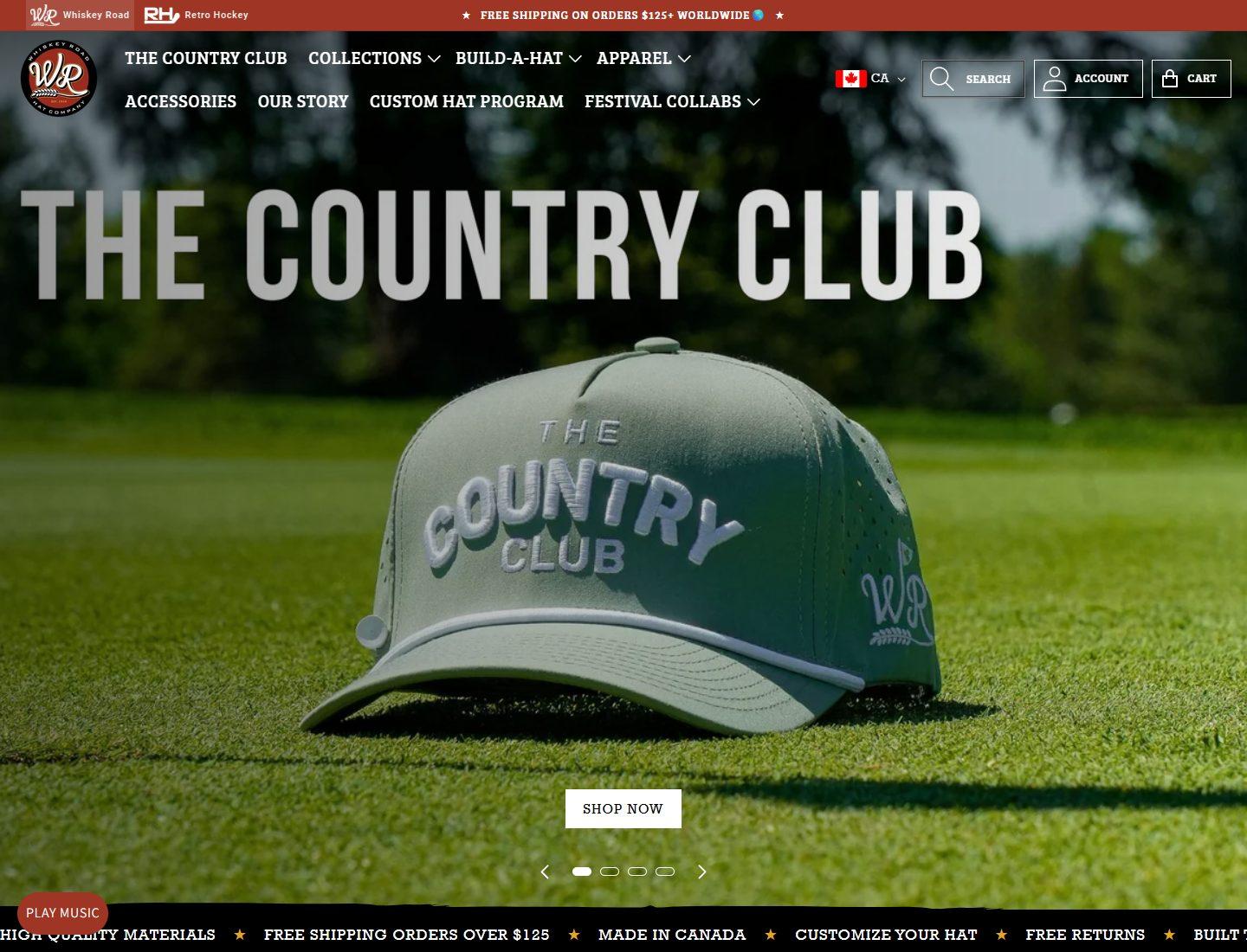 Whiskey Road homepage with country club headwear merchandising