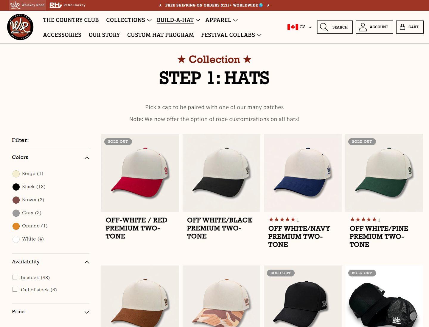 Whiskey Road caps collection page with hat product grid
