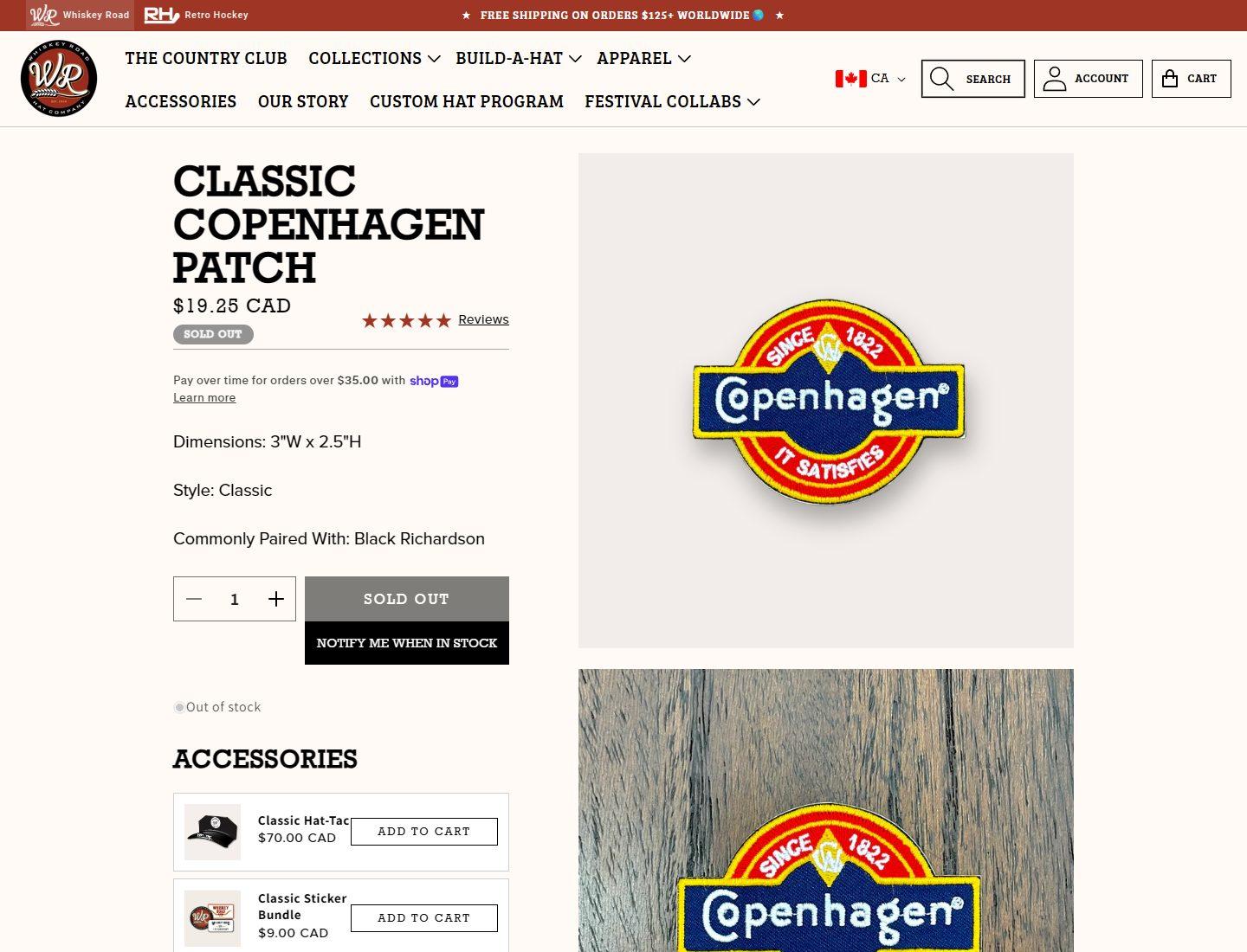 Whiskey Road Copenhagen patch product page