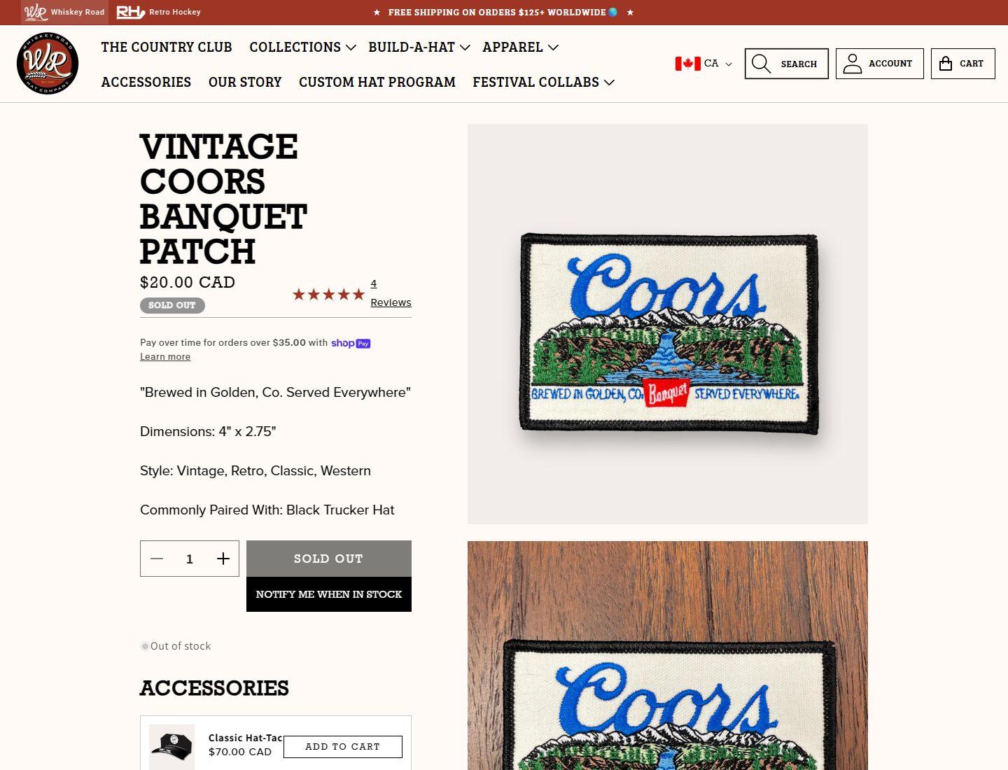 Whiskey Road Coors Banquet patch product page