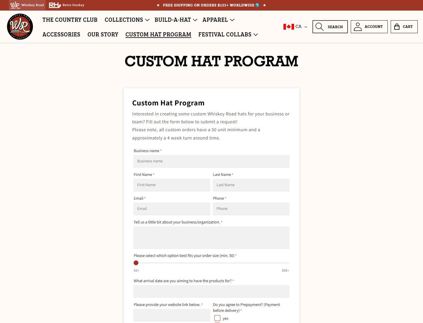 Whiskey Road custom hat program inquiry page