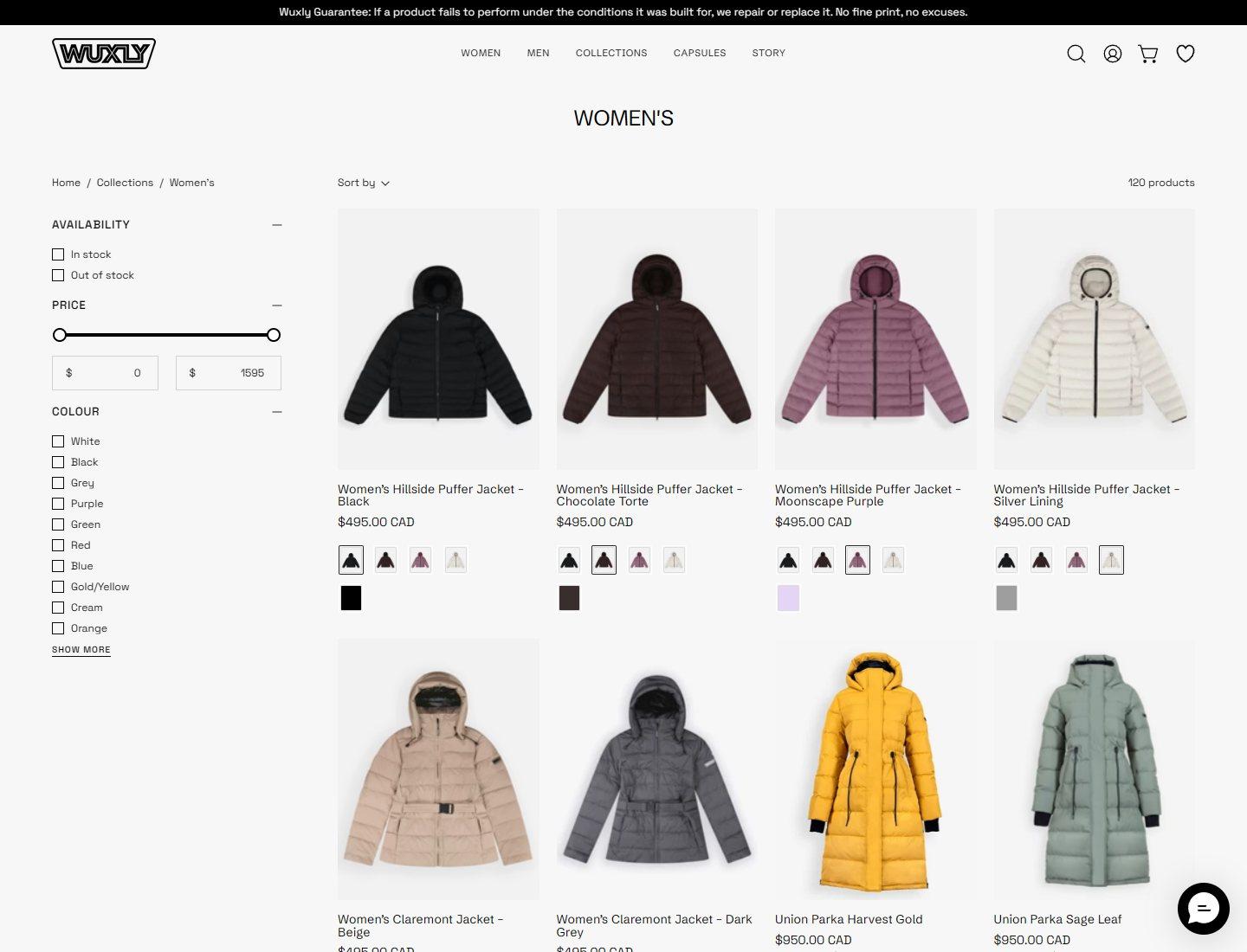 Wuxly women's outerwear collection and filtering experience