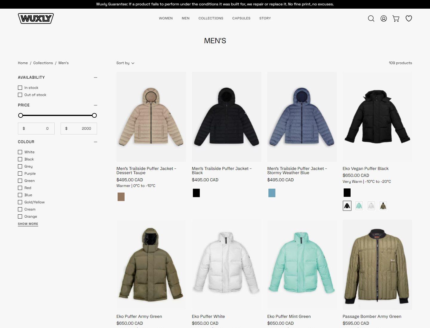 Wuxly men's outerwear collection and product merchandising
