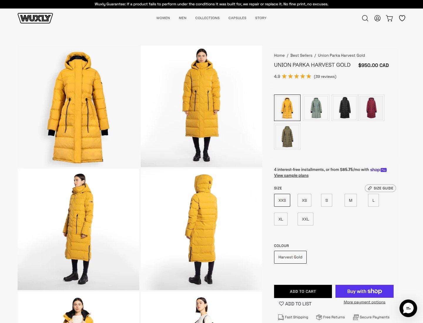 Wuxly Union Parka product page with product gallery and buying options