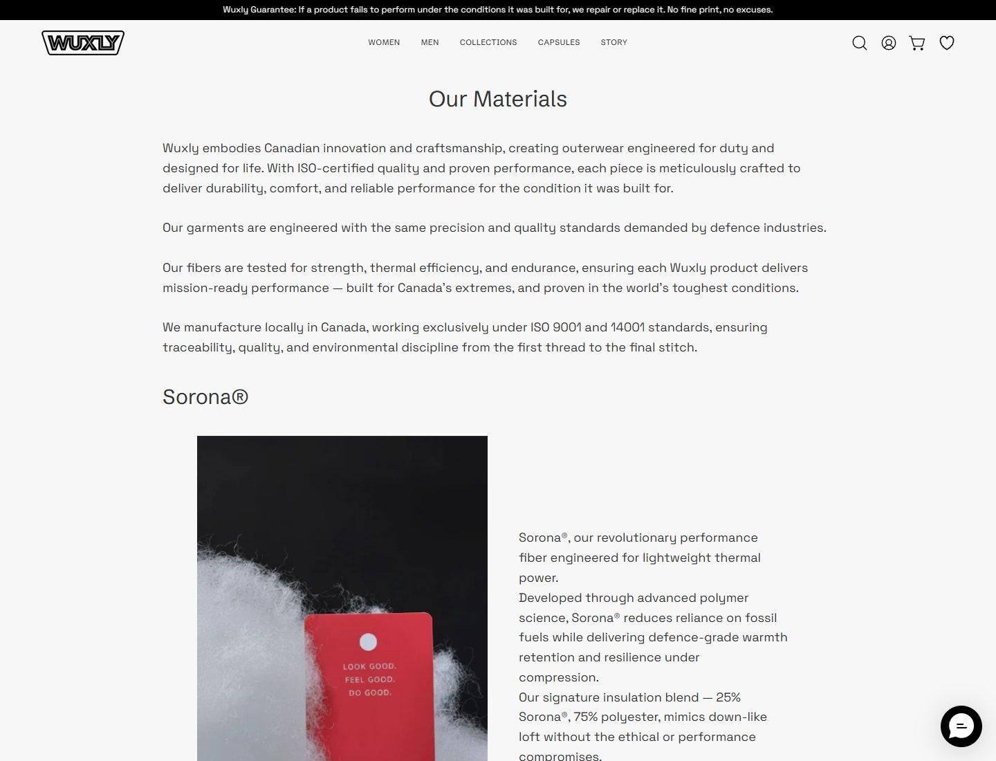 Wuxly materials page explaining insulation and Canadian manufacturing standards