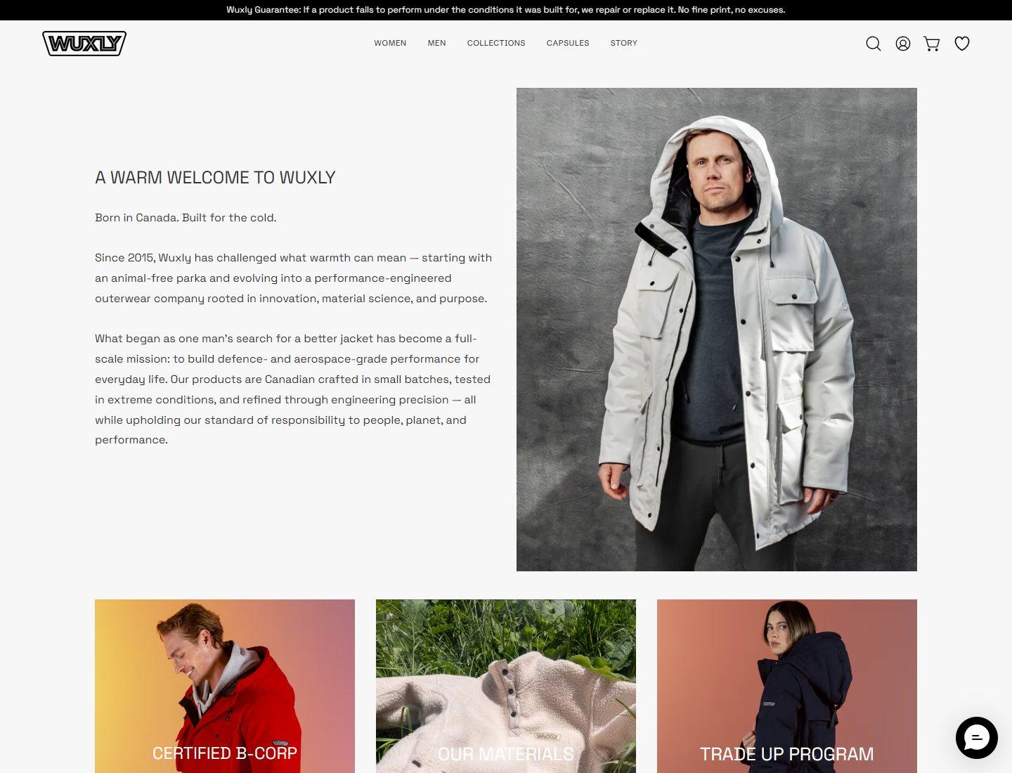 Wuxly apparel brand story page with Canadian outerwear imagery