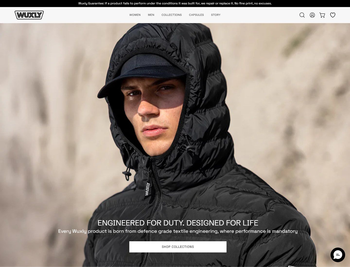 Wuxly consumer outerwear homepage with performance-led campaign imagery