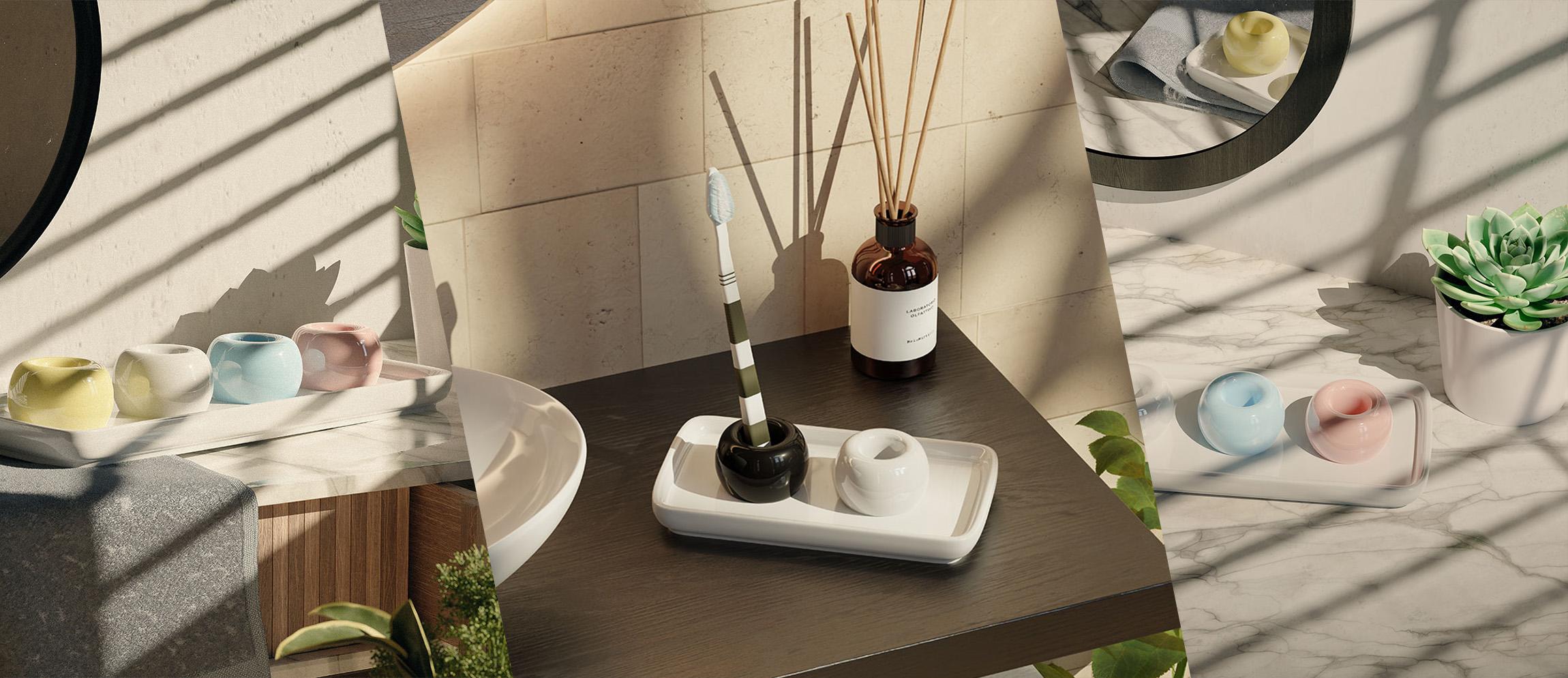 Elikai lifestyle product collage in a calm bathroom setting
