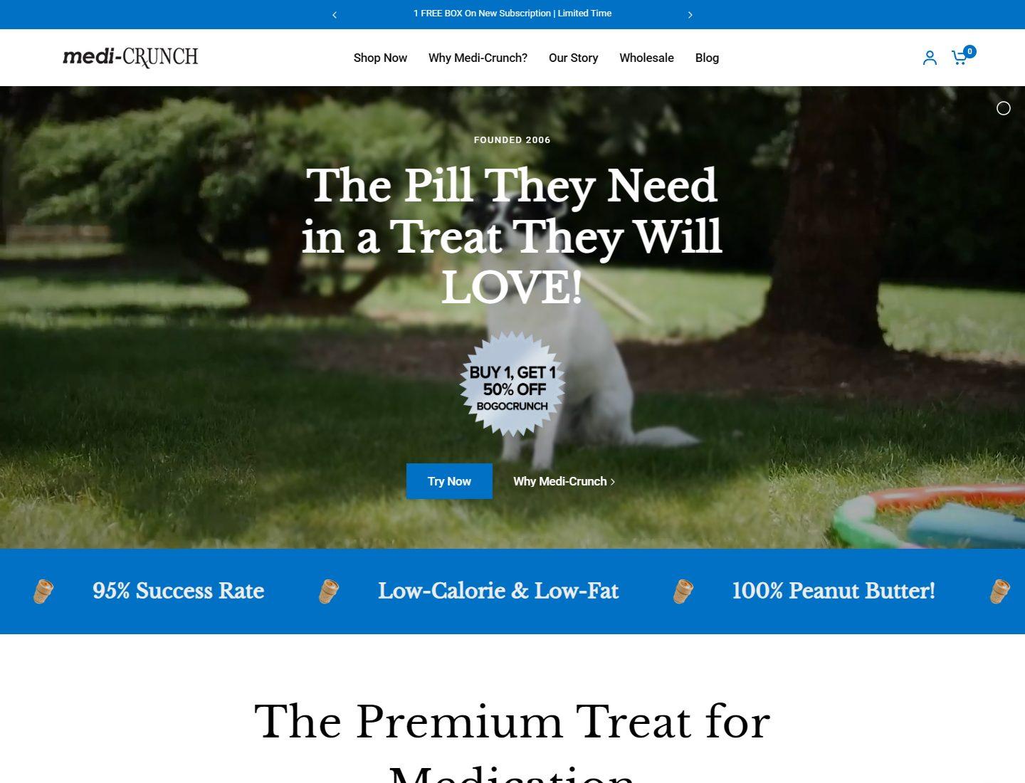 Medi-Crunch homepage explaining dog medication treats