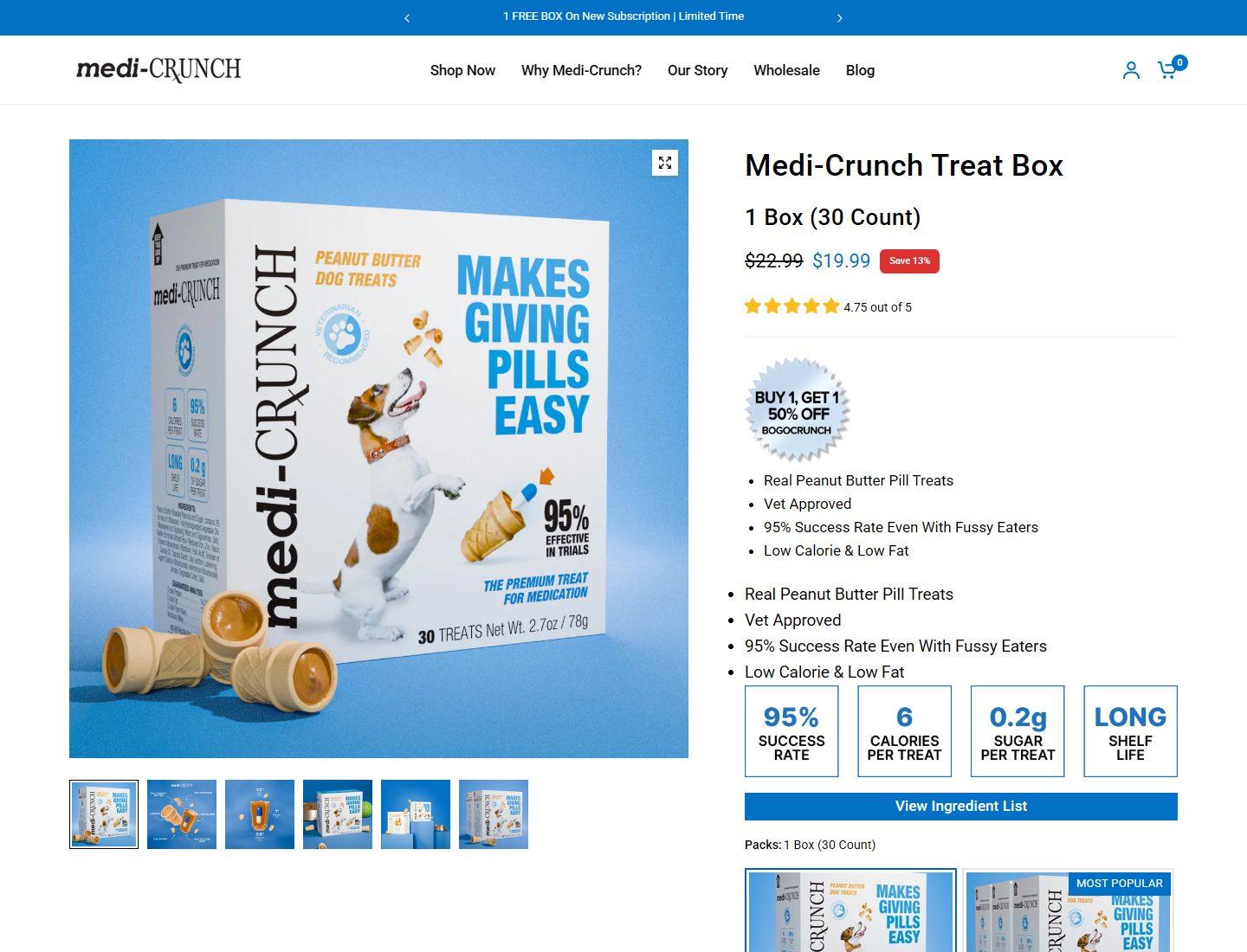Medi-Crunch Treat Box product page with benefit details