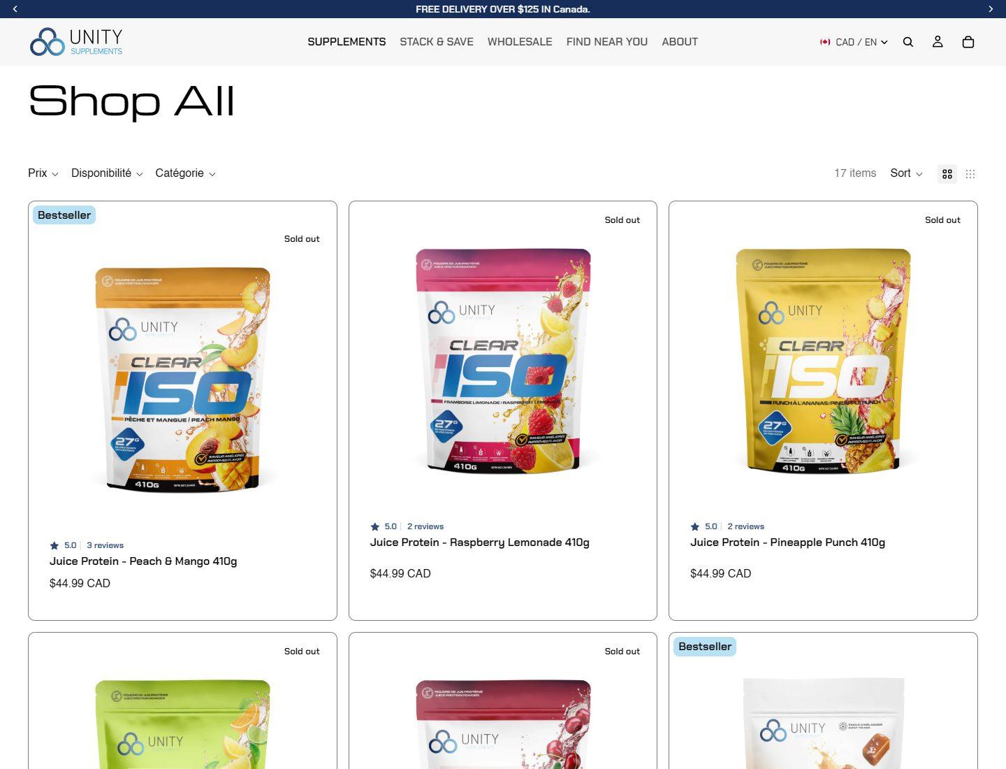 Unity Supplements shop all collection with supplement product grid