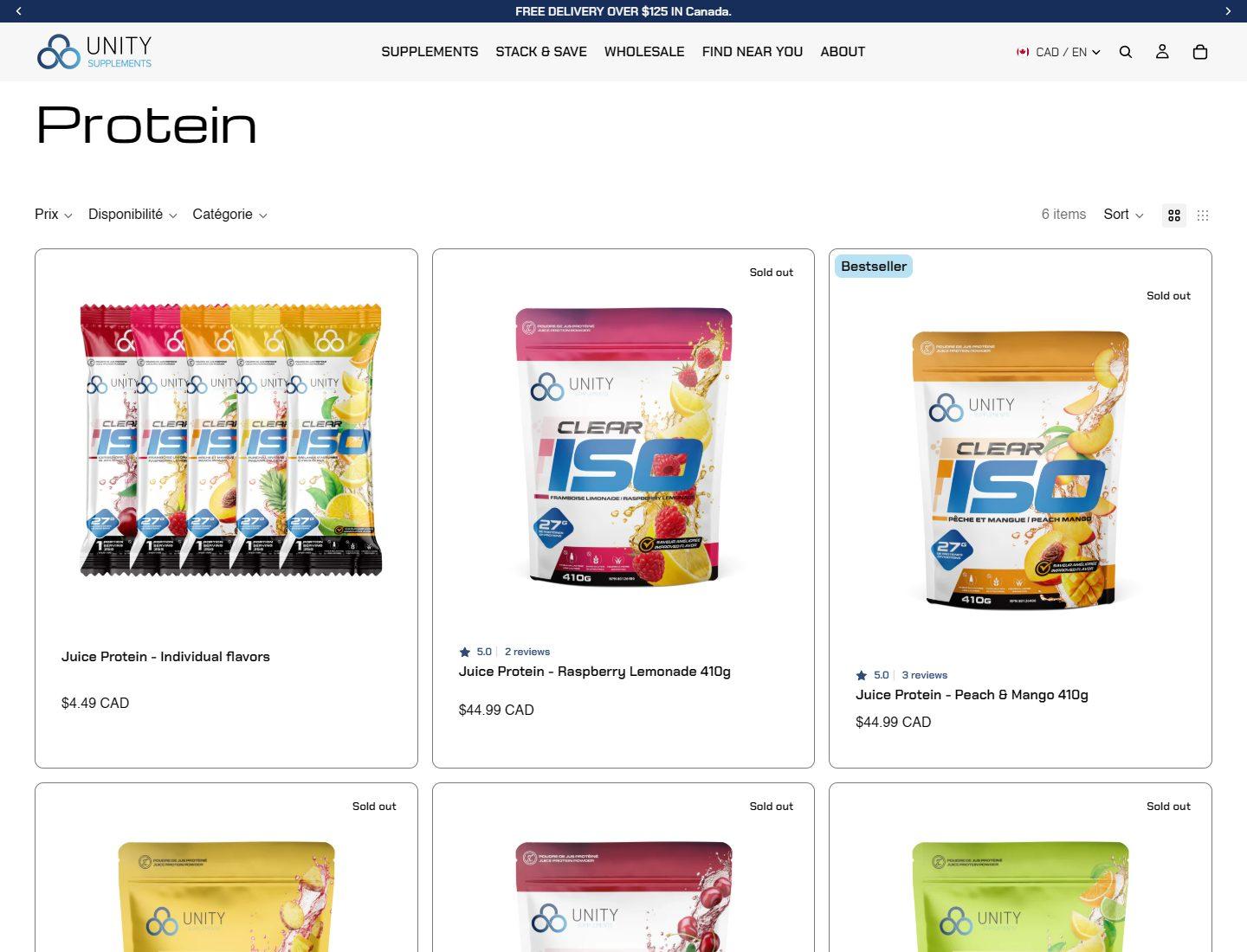 Unity Supplements protein collection with Clear ISO product cards