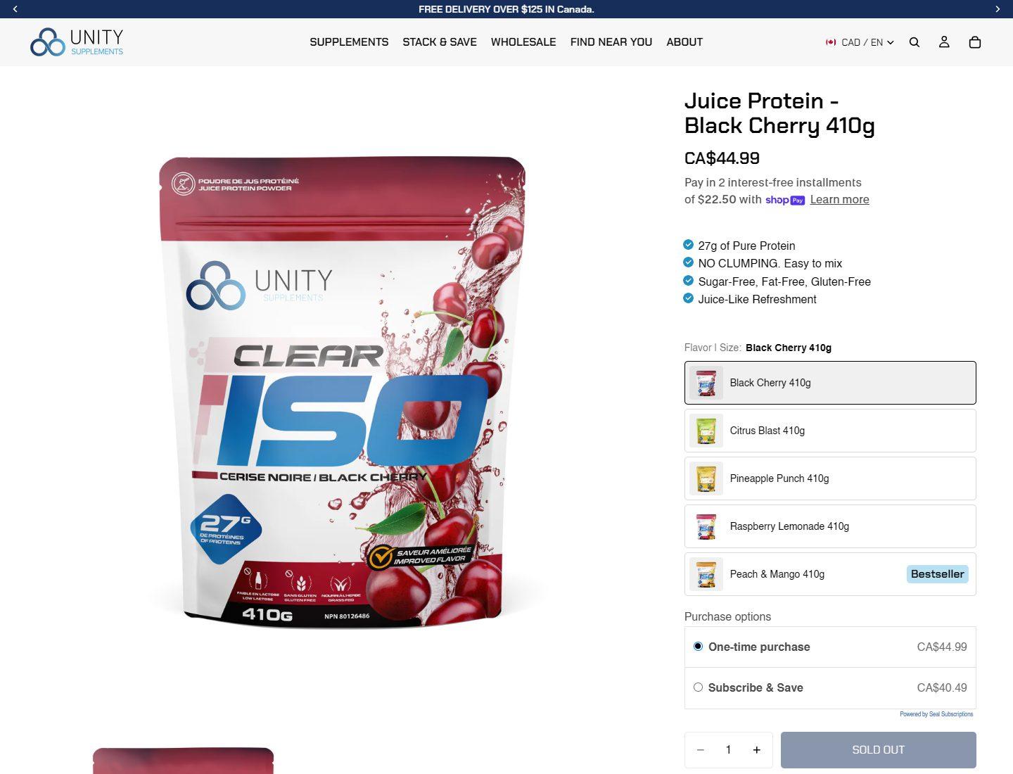 Unity Supplements Juice Protein product page with flavor options