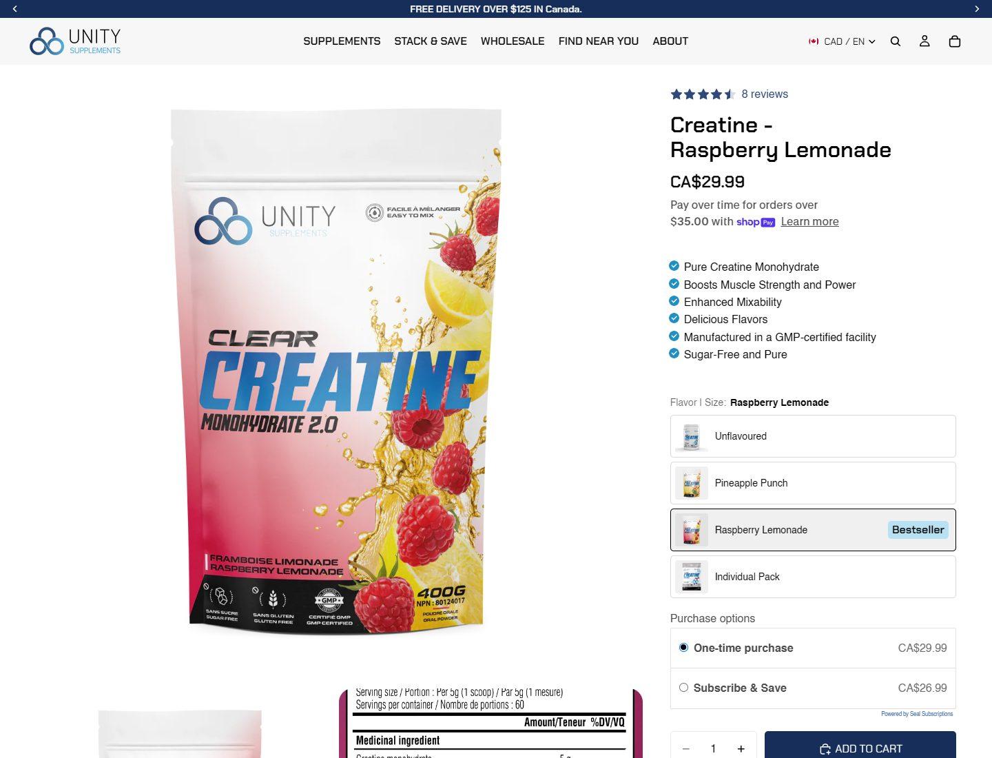 Unity Supplements creatine product page with purchase options