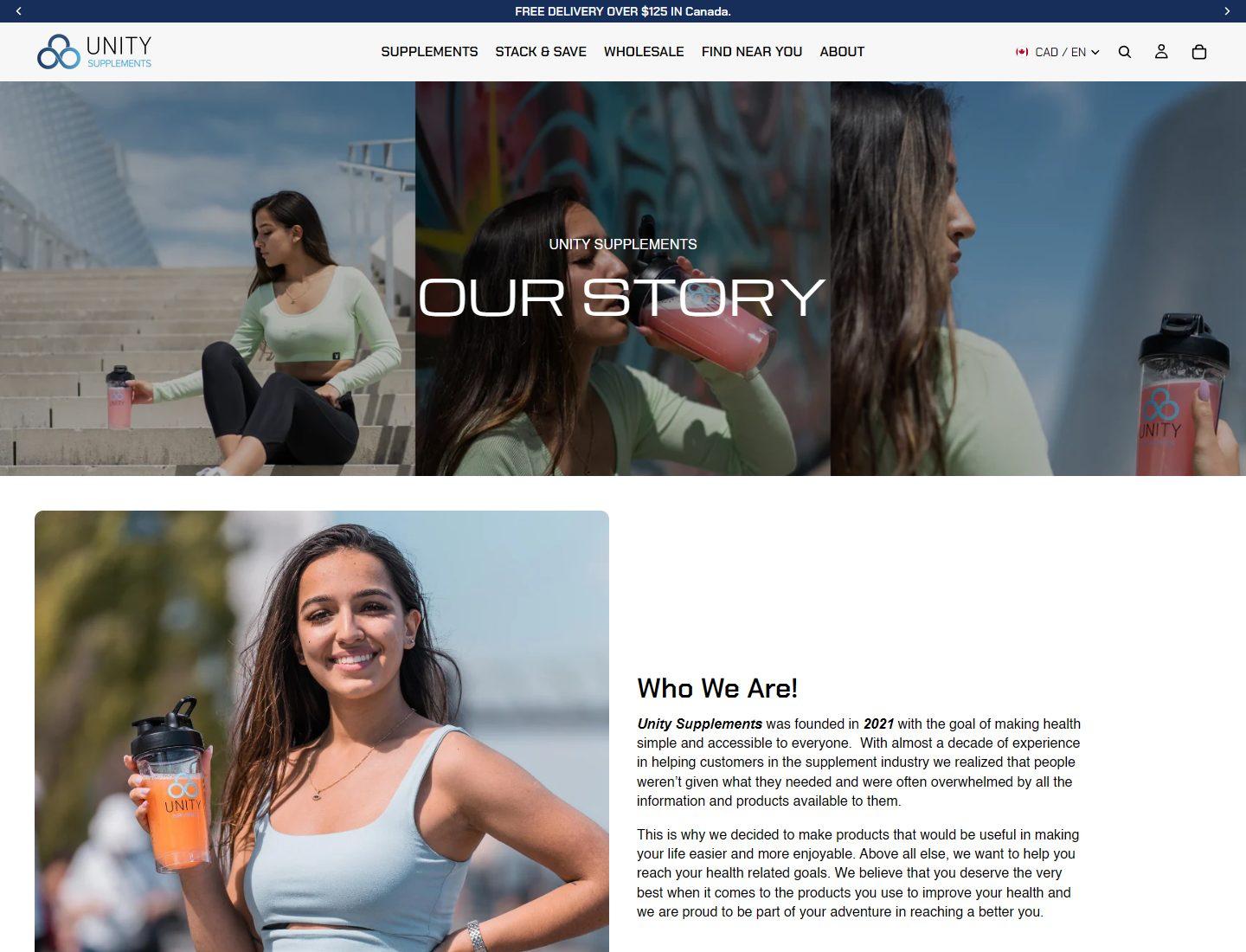 Unity Supplements about page telling the brand story